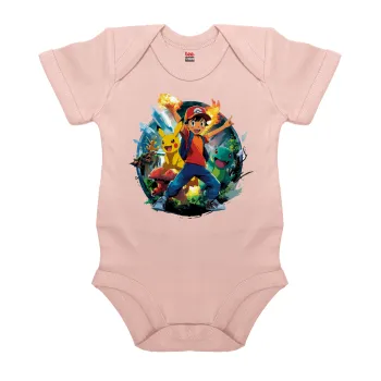 Ash Ketchum & Pikachu, Βρεφικό φορμάκι μωρού, 0-18 μηνών, ΡΟΖ POWDER, 100% Organic Cotton, κοντομάνικο