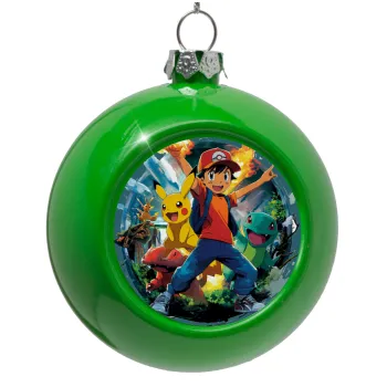 Ash Ketchum & Pikachu, Green Christmas tree ornament bauble 8cm