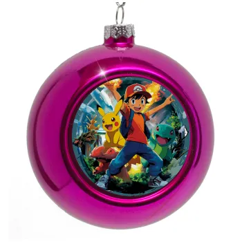 Ash Ketchum & Pikachu, Στολίδι Χριστουγεννιάτικη μπάλα δένδρου Μωβ 8cm