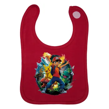 Ash Ketchum & Pikachu, Σαλιάρα με Σκρατς Κόκκινη 100% Organic Cotton (0-18 months)