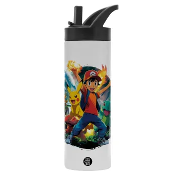 Ash Ketchum & Pikachu, Metallic thermos bottle with straw & handle, stainless steel (Stainless steel 304), double-walled, 600ml.
