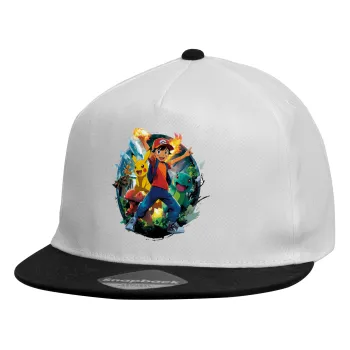 Ash Ketchum & Pikachu, Καπέλο παιδικό Flat Snapback, Λευκό (100% ΒΑΜΒΑΚΕΡΟ, ΠΑΙΔΙΚΟ, UNISEX, ONE SIZE)