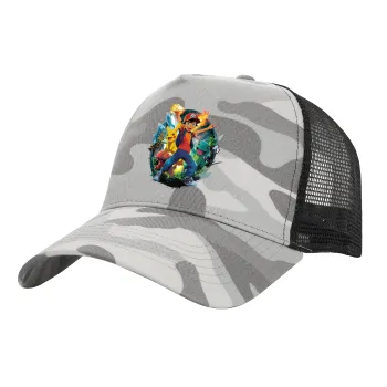Ash Ketchum & Pikachu, Adult Structured Trucker Hat, with Mesh, (Camouflage) Army Camo (100% COTTON, ADULT, UNISEX, ONE SIZE)