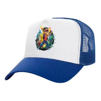 Ash Ketchum & Pikachu, Adult Structured Trucker Hat, with Mesh, WHITE/BLUE (100% COTTON, ADULT, UNISEX, ONE SIZE)