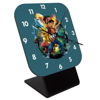 Ash Ketchum & Pikachu, Quartz Wooden table clock with hands (10cm)