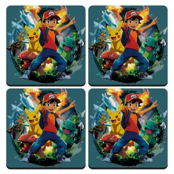Ash Ketchum & Pikachu, ΣΕΤ 4 Σουβέρ ξύλινα τετράγωνα (9cm)