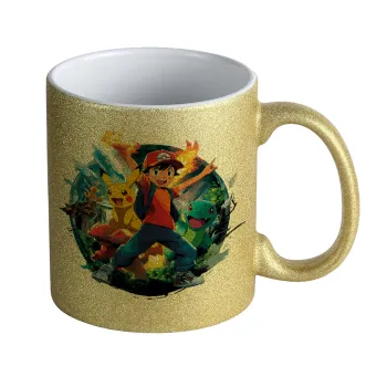Ash Ketchum & Pikachu, Κούπα Χρυσή Glitter που γυαλίζει, κεραμική, 330ml