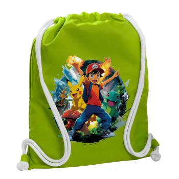 Ash Ketchum & Pikachu, Τσάντα πλάτης πουγκί GYMBAG LIME GREEN, με τσέπη (40x48cm) & χονδρά κορδόνια