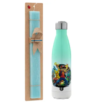 Ash Ketchum & Pikachu, Easter Set, Metallic green/white thermos (Stainless steel), double-walled, 500ml & scented flat Easter candle (30cm) (TURQUOISE)