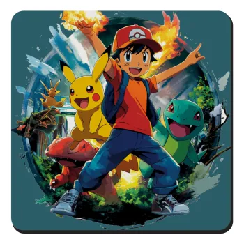 Ash Ketchum & Pikachu, Τετράγωνο μαγνητάκι ξύλινο 9x9cm