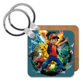 Ash Ketchum & Pikachu, Μπρελόκ Ξύλινο τετράγωνο MDF