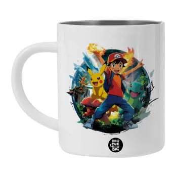 Ash Ketchum & Pikachu, Λευκή Ανοξείδωτη Μεταλλική Κούπα 450ml - Διπλού Τοιχώματος 