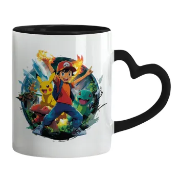 Ash Ketchum & Pikachu, Κούπα καρδιά χερούλι μαύρη, κεραμική, 330ml
