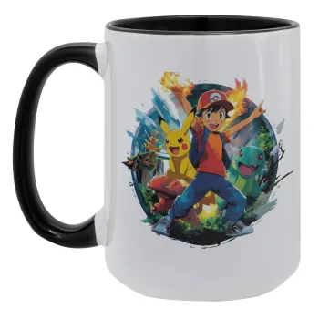 Ash Ketchum & Pikachu, Κούπα Mega 15oz, κεραμική Μαύρη, 450ml
