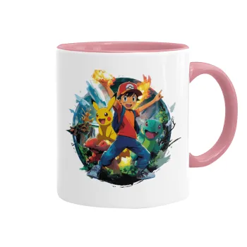 Ash Ketchum & Pikachu, Κούπα χρωματιστή ροζ, κεραμική, 330ml