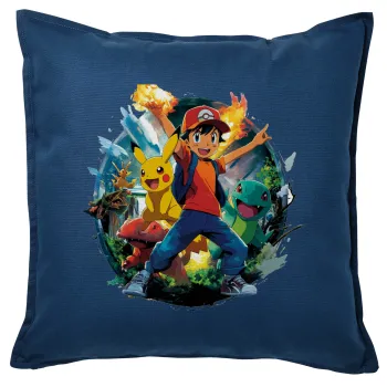 Ash Ketchum & Pikachu, Μαξιλάρι καναπέ Μπλε 100% βαμβάκι, περιέχεται το γέμισμα (50x50cm)