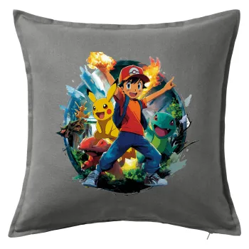 Ash Ketchum & Pikachu, Μαξιλάρι καναπέ Γκρι 100% βαμβάκι, περιέχεται το γέμισμα (50x50cm)