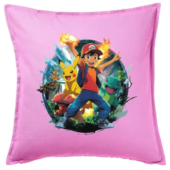 Ash Ketchum & Pikachu, Μαξιλάρι καναπέ ΡΟΖ 100% βαμβάκι, περιέχεται το γέμισμα (50x50cm)