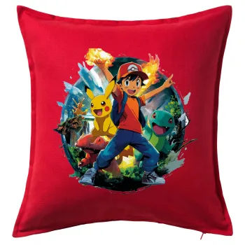 Ash Ketchum & Pikachu, Μαξιλάρι καναπέ Κόκκινο 100% βαμβάκι, περιέχεται το γέμισμα (50x50cm)