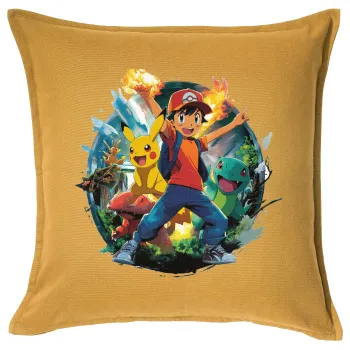 Ash Ketchum & Pikachu, Μαξιλάρι καναπέ Κίτρινο 100% βαμβάκι, περιέχεται το γέμισμα (50x50cm)