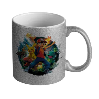 Ash Ketchum & Pikachu, Κούπα Ασημένια Glitter που γυαλίζει, κεραμική, 330ml