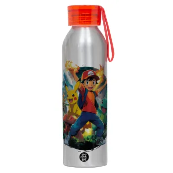 Ash Ketchum & Pikachu, Αλουμινένιο Αθλητικό Μπουκάλι 650ml – Ασημί με Κόκκινο Καπάκι και Λουράκι Σιλικόνης