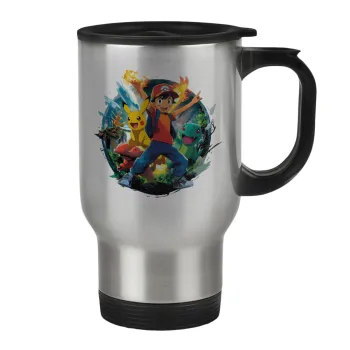 Ash Ketchum & Pikachu, Κούπα ταξιδιού ανοξείδωτη με καπάκι, διπλού τοιχώματος (θερμό) 450ml