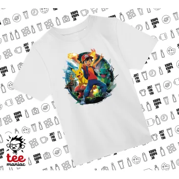 Ash Ketchum & Pikachu, Άνετο παιδικό T-Shirt ΛΕΥΚΟ από 100% βαμβάκι, για κάθε μέρα. Vegan & OEKO-TEX πιστοποιημένο.