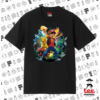 Ash Ketchum & Pikachu, Κλασικό T-Shirt, διπλής ραφής, χωρίς πλευρικές ραφές ΜΑΥΡΟ από 100% βαμβάκι. Vegan & OEKO-TEX πιστοποιημένο.