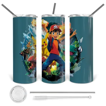 Ash Ketchum & Pikachu, Tumbler ποτήρι θερμό από ανοξείδωτο ατσάλι 600ml, με μεταλλικό καλαμάκι & βούρτσα καθαρισμού