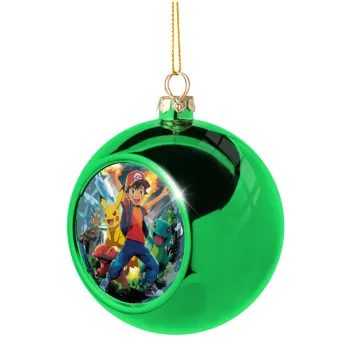 Ash Ketchum & Pikachu, Green Christmas tree ornament ball 8cm