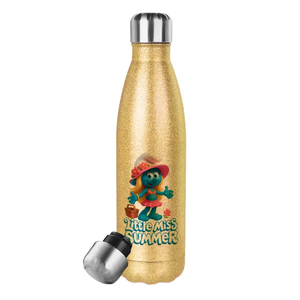 The Smurfs — Glitter gold stainless steel thermos bottle, double-walled, 500ml