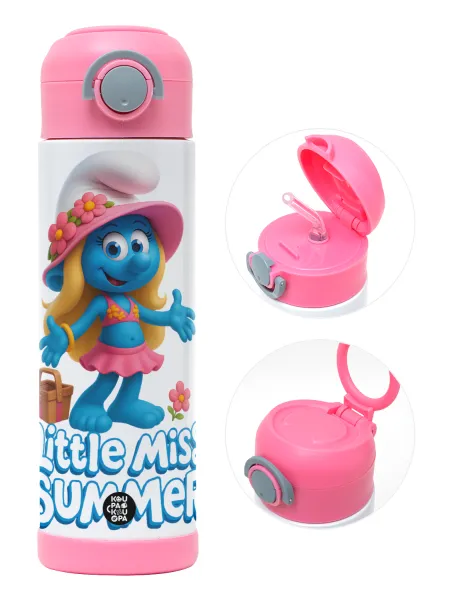 The Smurfs — Παιδικό παγούρι θερμό, ανοξείδωτο, με καλαμάκι ασφαλείας, ΡΟΖ (500ml)