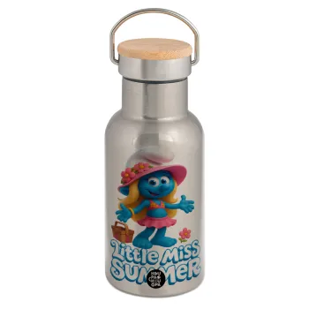 The Smurfs, Μεταλλικό παγούρι θερμός (Stainless steel) Ασημένιο με ξύλινο καπακι (bamboo), διπλού τοιχώματος, 350ml