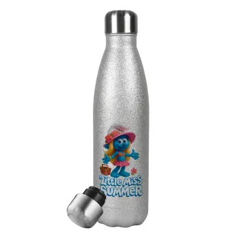 The Smurfs, Μεταλλικό παγούρι θερμός Glitter Aσημένιο (Stainless steel), διπλού τοιχώματος, 500ml