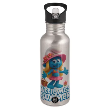 The Smurfs, Water bottle Silver with straw, stainless steel 600ml