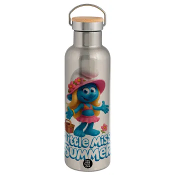 The Smurfs, Μεταλλικό παγούρι θερμός (Stainless steel) Ασημένιο με ξύλινο καπακι (bamboo), διπλού τοιχώματος, 750ml