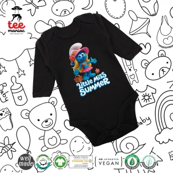 The Smurfs, Μακρυμάνικο βρεφικό φορμάκι, 0-18 μηνών, ΜΑΥΡΟ, 100% Organic Cotton