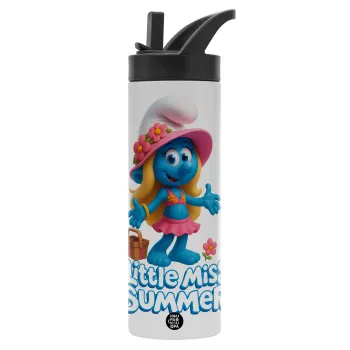 The Smurfs, Μεταλλικό παγούρι θερμός με καλαμάκι & χειρολαβή, ανοξείδωτο ατσάλι (Stainless steel 304), διπλού τοιχώματος, 600ml