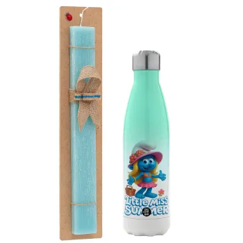 The Smurfs, Πασχαλινή Λαμπάδα με Μεταλλικό παγούρι θερμός Πράσινο/Λευκό (Stainless steel), διπλού τοιχώματος, 500ml & κερί αρωματικό πλακέ (30cm) (ΤΙΡΚΟΥΑΖ)