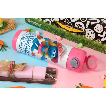 The Smurfs, Πασχαλινή Λαμπάδα με Παιδικό παγούρι θερμό, ανοξείδωτο, με καλαμάκι ασφαλείας, ΡΟΖ (500ml)