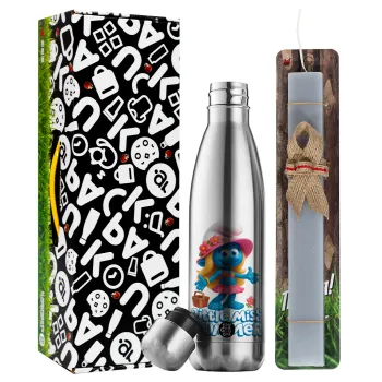 The Smurfs, Easter Set, metallic stainless thermos flask (500ml) & scented flat Easter candle (30cm) (GRAY)