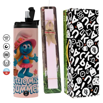 The Smurfs, Πασχαλινή Λαμπάδα με  ΡΟΖ Travel Tumbler θερμό (600ml, BPA free) & κερί αρωματικό πλακέ (30cm) (ΡΟΖ)