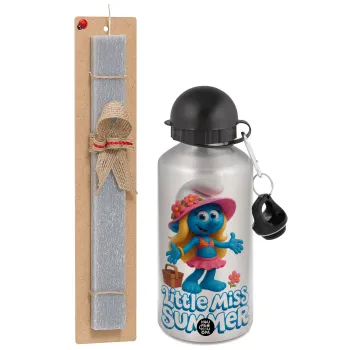 The Smurfs, Easter Set, metallic silver aluminum water bottle (500ml) & aromatic flat Easter candle (30cm) (GRAY)