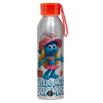 The Smurfs, Αλουμινένιο Αθλητικό Μπουκάλι 650ml – Ασημί με Κόκκινο Καπάκι και Λουράκι Σιλικόνης