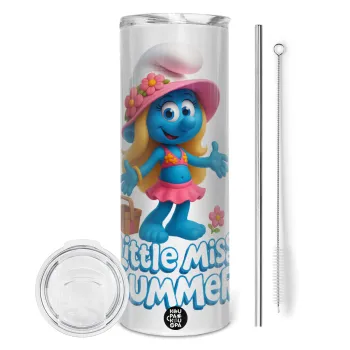 The Smurfs, Tumbler ποτήρι θερμό από ανοξείδωτο ατσάλι 600ml, με μεταλλικό καλαμάκι & βούρτσα καθαρισμού
