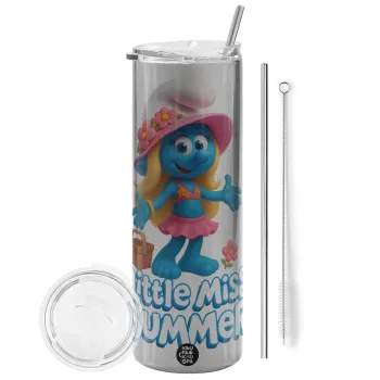 The Smurfs, Tumbler ποτήρι θερμό Ασημένιο από ανοξείδωτο ατσάλι 600ml, με μεταλλικό καλαμάκι & βούρτσα καθαρισμού