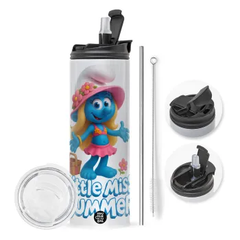 The Smurfs, Travel Tumbler θερμό με διπλό καπάκι, μεταλλικό καλαμάκι και βούρτσα καθαρισμού (Ανωξείδωτο 304 Food grade, BPA free, 600ml)