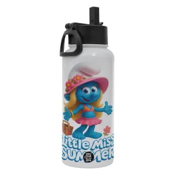 The Smurfs, Μεταλλικό παγούρι θερμός Λευκό με καλαμάκι και χερούλι (Stainless steel), διπλού τοιχώματος, 950ml