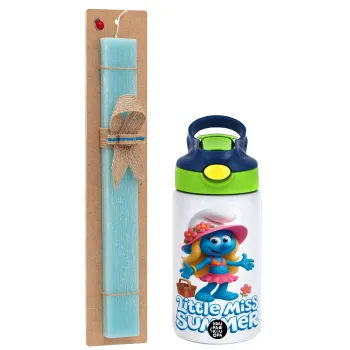 The Smurfs, Easter Set, Children's thermal stainless steel bottle with safety straw, green/blue (350ml) & aromatic flat Easter candle (30cm) (TURQUOISE)